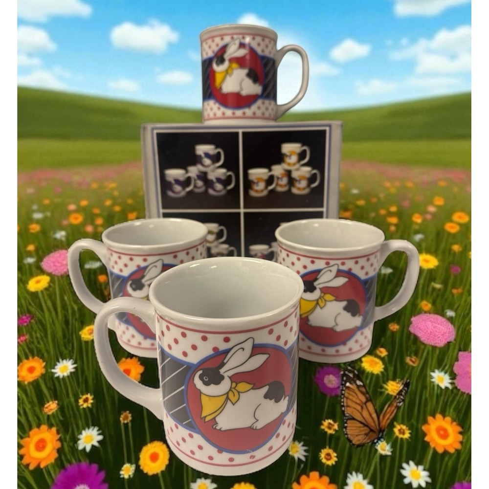Set Of 4 VTG Bunny‎ Rabbit Mugs With Yellow Scarf Red Dots  12 OZ